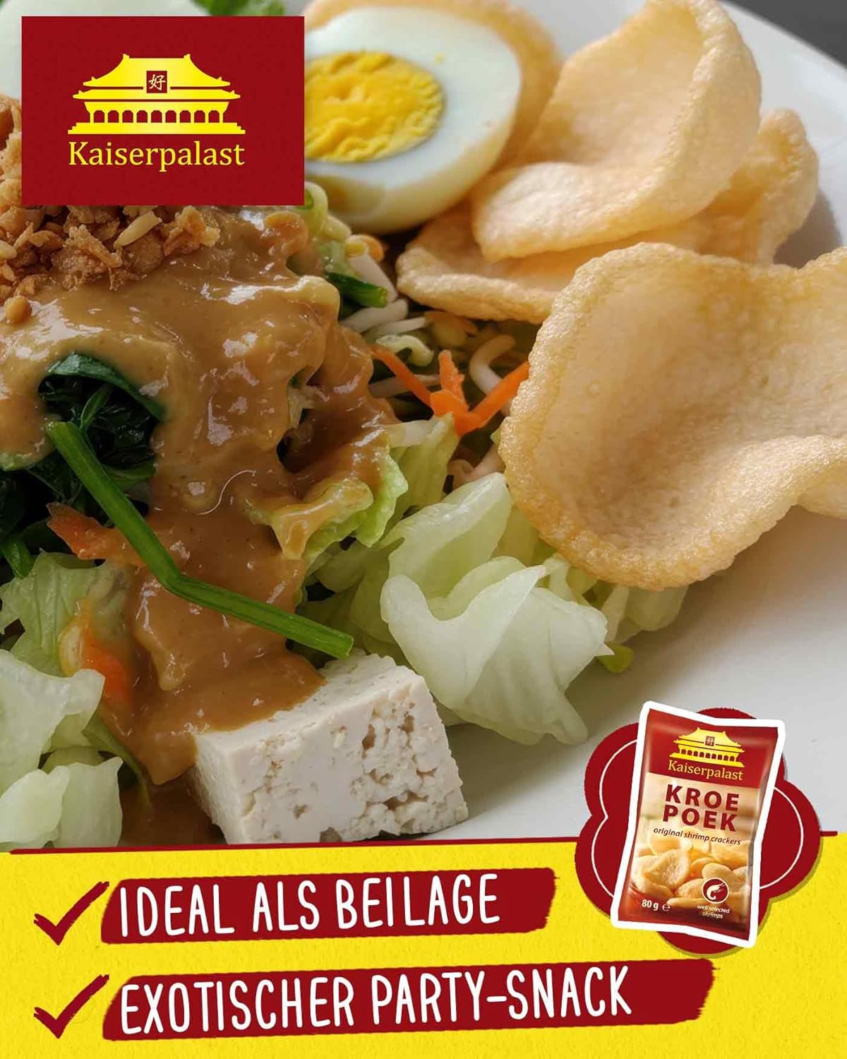 Salad with tofu, vegetables, and a dressing, accompanied by chips and a Kaiserpalast product package.