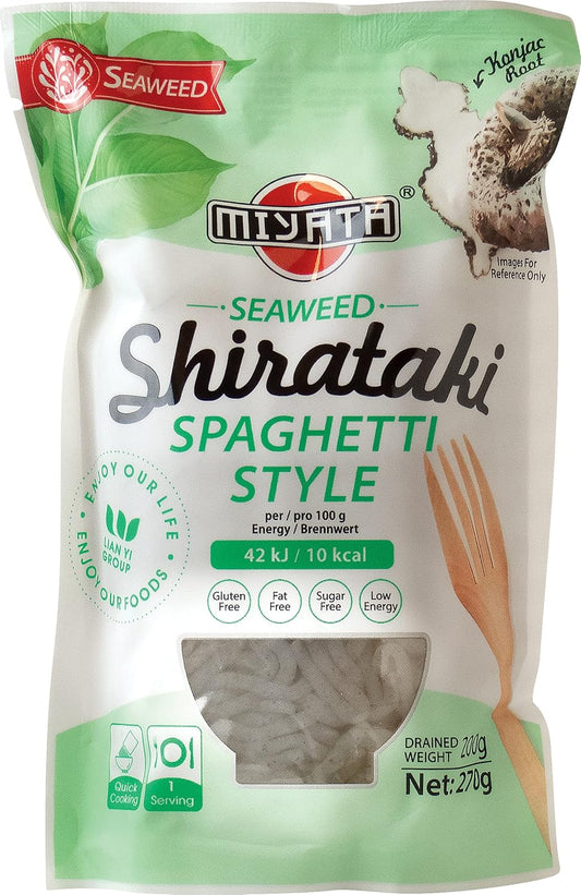 Vorderseite der Miyata Shirataki Seealgen Spaghetti Verpackung, Low Carb Konjak-Nudeln