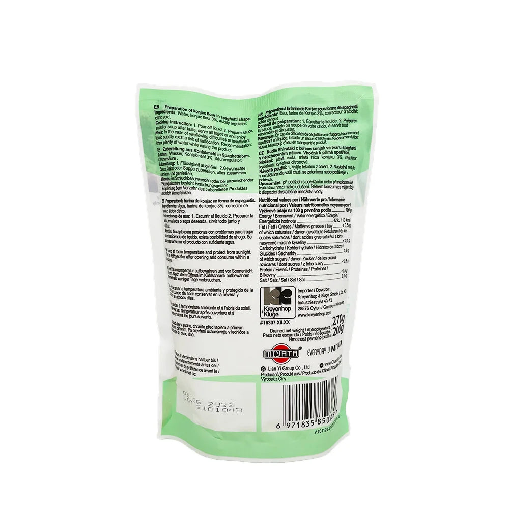 Rückseite der Miyata Shirataki Verpackung mit Nährwertangaben und Zutatenliste für Low-Carb Nudeln