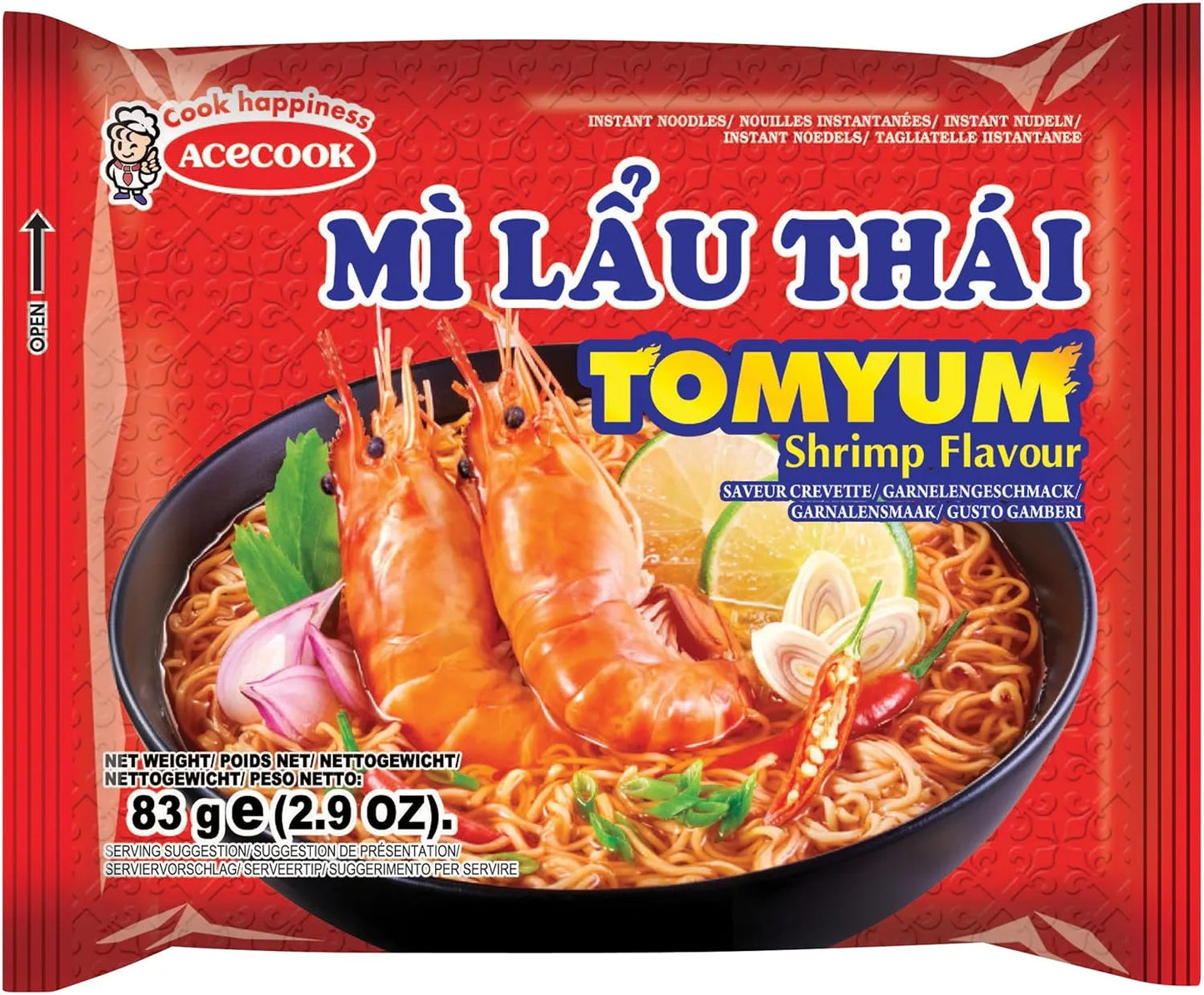 Einzelne Verpackung der Mì Lẩu Thái Instantnudeln, verziert mit Garnelen und Hot-Pot-Motiv
