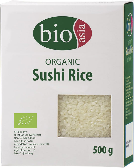 Vorderseite der Verpackung des BIOASIA Sushi Reis Rundkornreis.