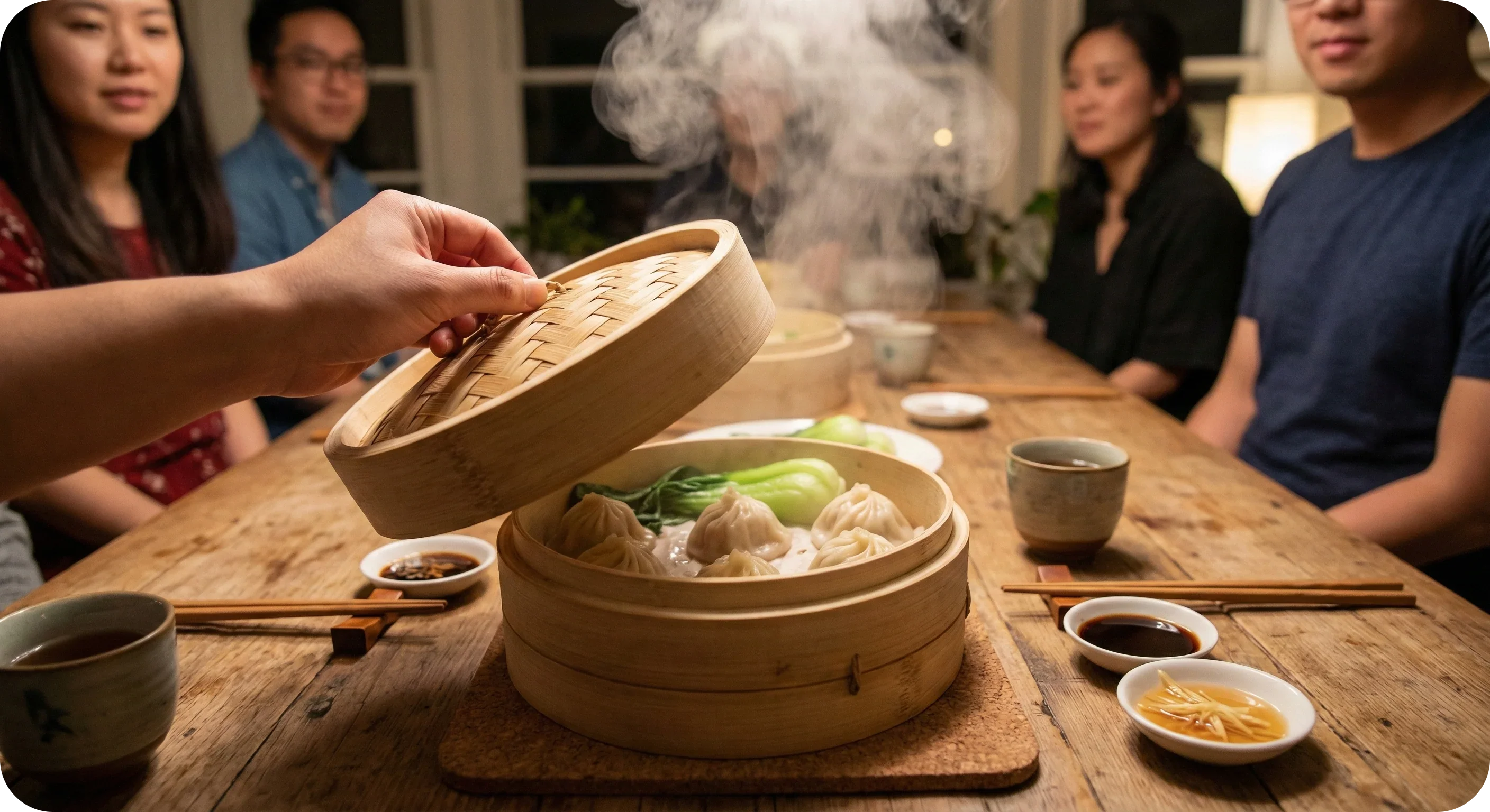 Dampfende asiatische Dumplings und Gemüse im Bambusdämpfer auf Holztisch, Gruppe am Essen