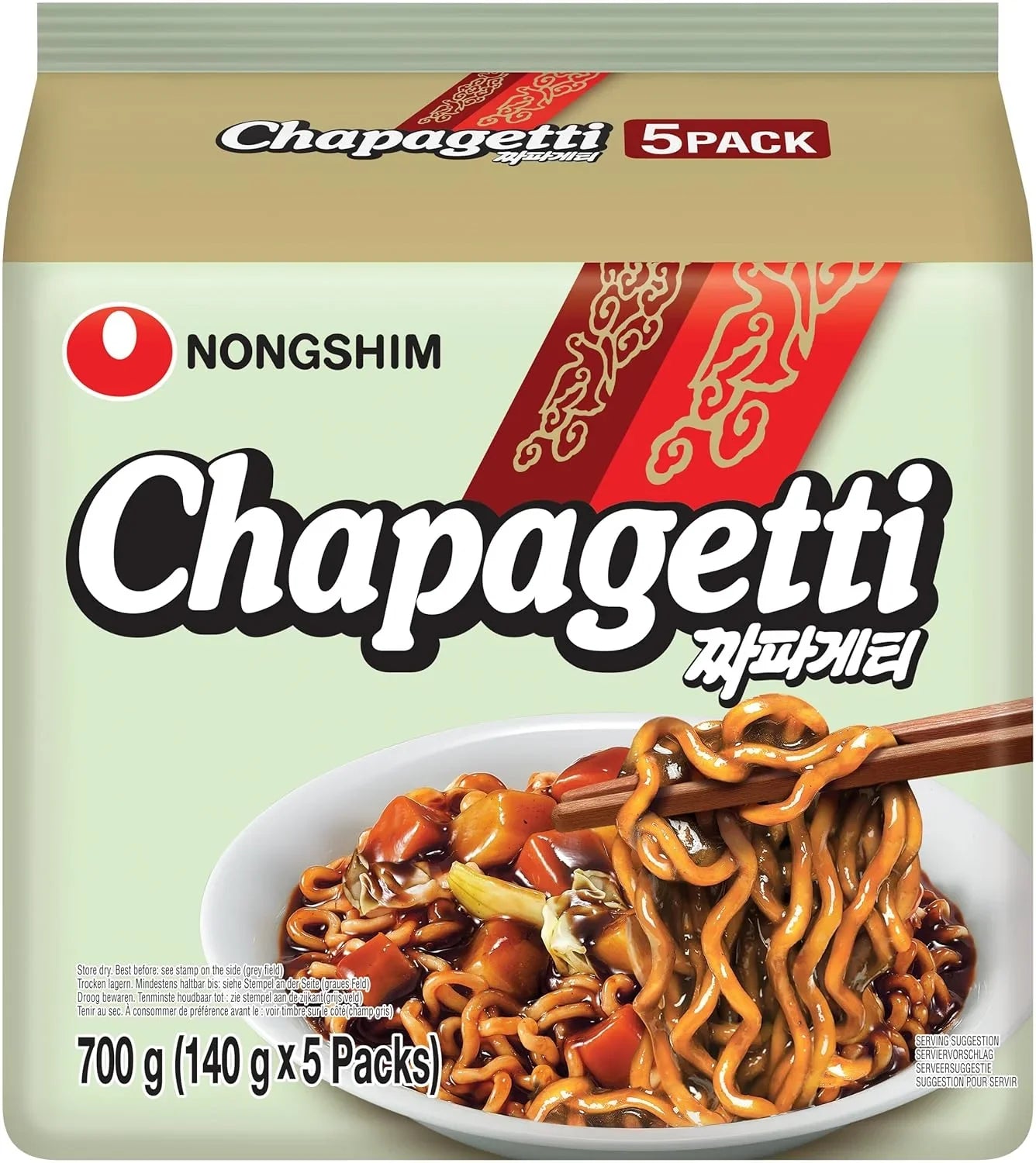Nongshim Chapagetti Instant Nudeln 5er-Pack, asiatische Ramen mit Sojasauce auf Verpackung