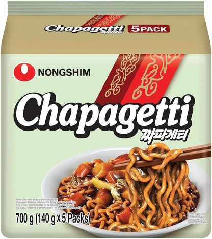 Nongshim Chapagetti Instant Nudeln 5er-Pack, asiatische Ramen mit Sojasauce auf Verpackung