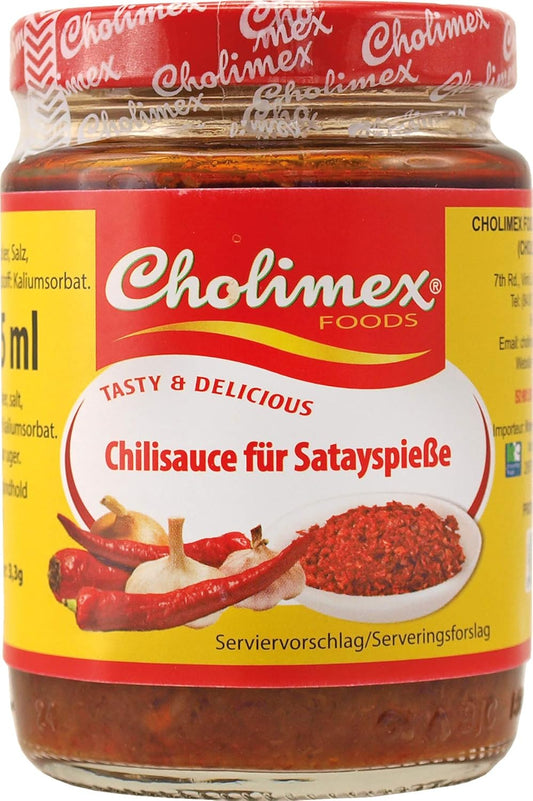 Vorderseite des Cholimex Saté-Chilisauce Glases.