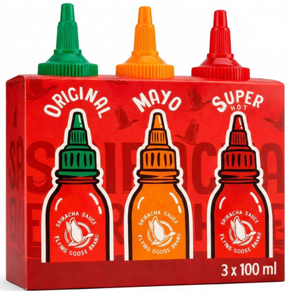 Vorderseite der Verpackung des Flying Goose Sriracha Chilisaucen 3er-Sets.