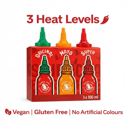Vorderseite der Verpackung des Flying Goose Sriracha Chilisaucen 3er-Sets.