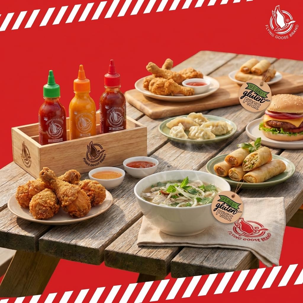 Leckere  Gerichte, die mit  Flying Goose Sriracha Sauce verfeinert werden