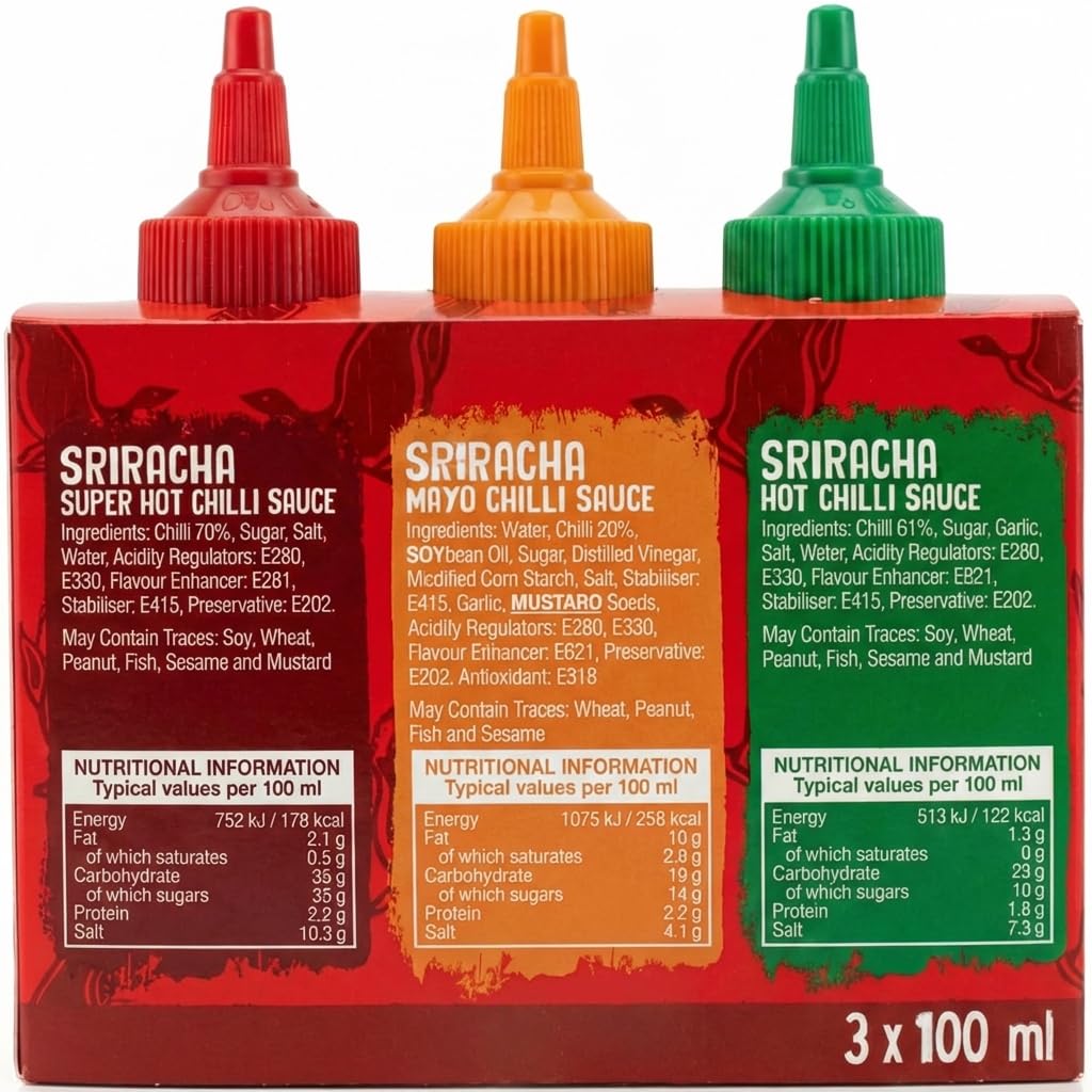Rückseite der Verpackung mit Zutaten und Nährwertangaben der Flying Goose Saucen.