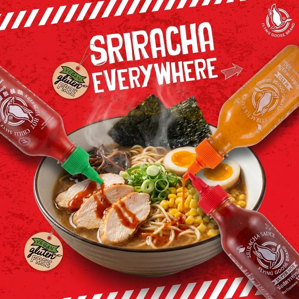 Ein leckeres Gericht, das mit verschiedener Flying Goose Sriracha Sauce verfeinert wird.