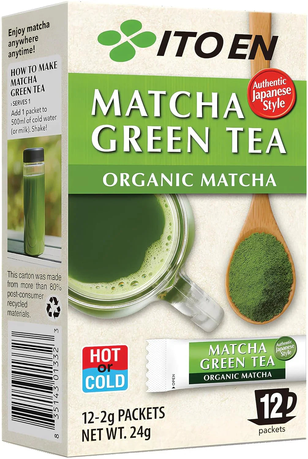 Ito En Matcha Green Tea Bio-Matcha Pulver Packung, 12 Portionssticks, japanischer Grüntee, Teetasse und Bambuslöffel mit Matcha-Pulver abgebildet.