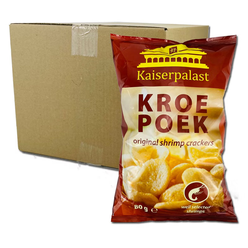 Kaiserpalast Kroe Poek original shrimp crackers packaging with a cardboard box in the background.