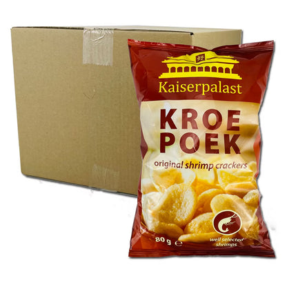 Kaiserpalast Kroe Poek original shrimp crackers packaging with a cardboard box in the background.