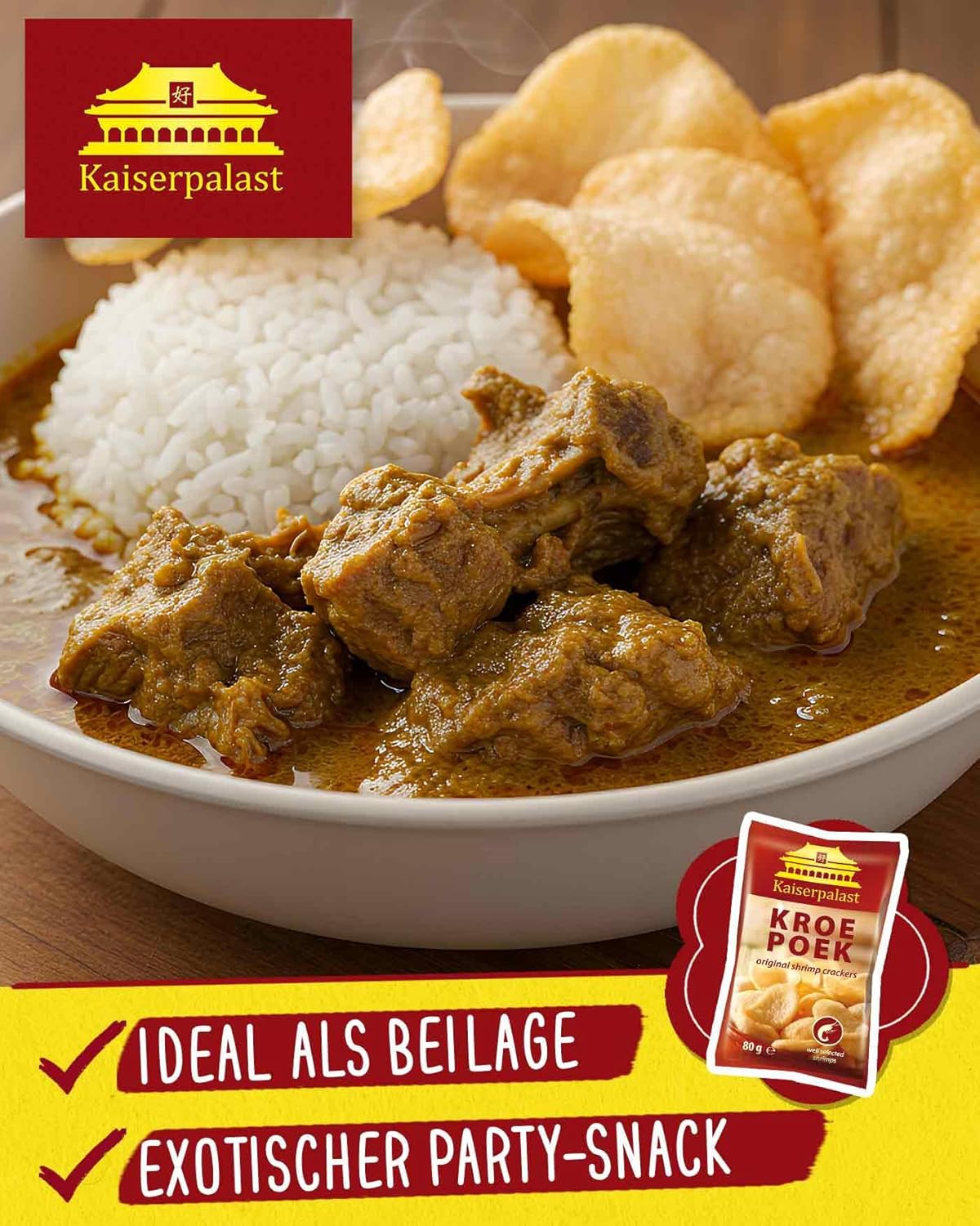 Curry with rice and chips on a plate, featuring Kaiserpalast branding.