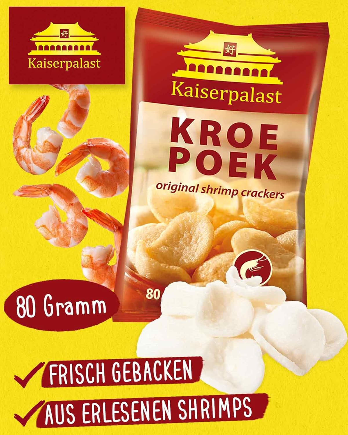 Kaisерpalast Kroe Poek shrimp crackers packaging with shrimp graphics on a yellow background