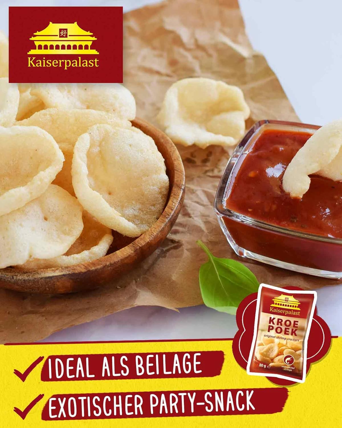 Kaiserpalast potato chips with a dipping sauce on a wooden surface, featuring the brand logo.
