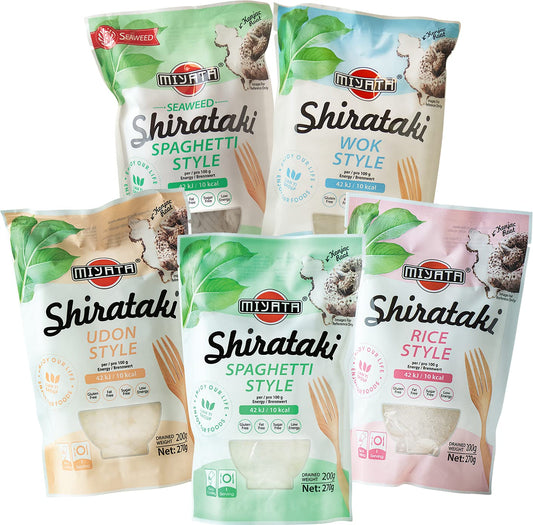 Miyata Shirataki Probierpaket mit 5 verschiedenen Sorten Konjak-Nudeln und Reis.