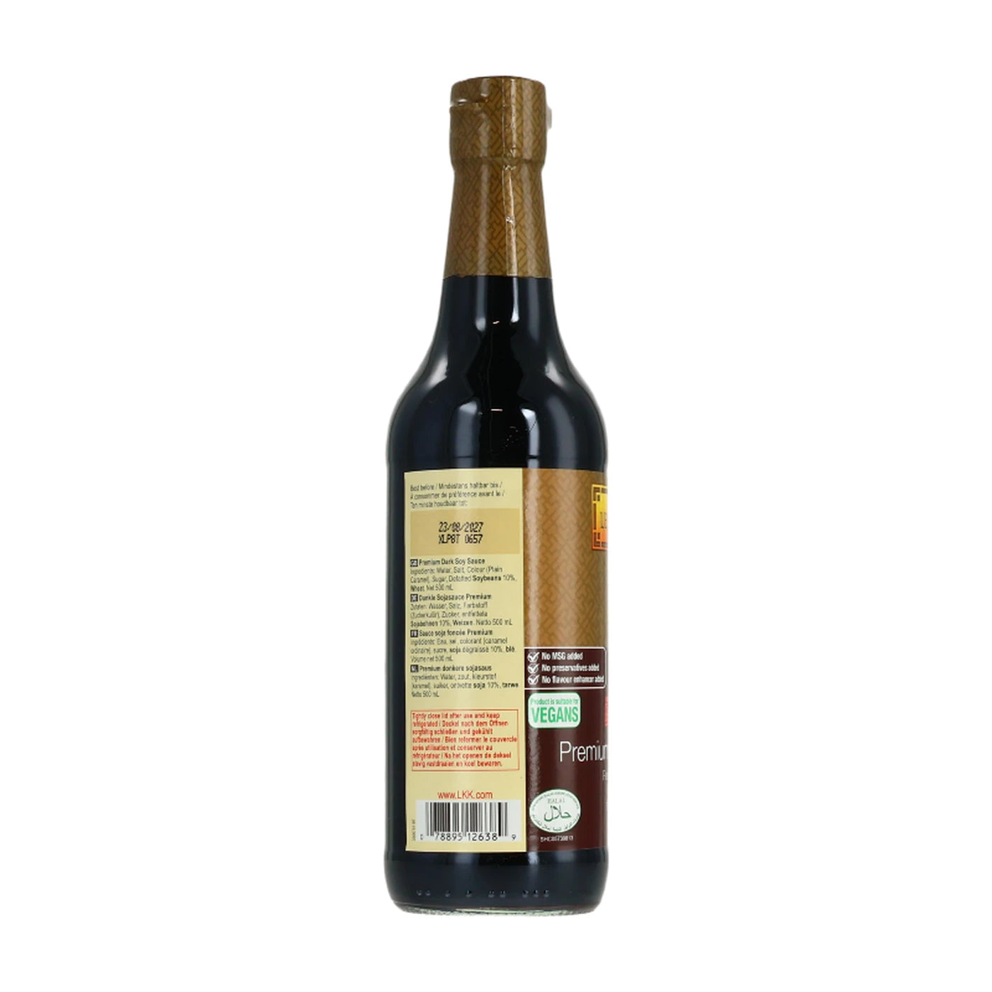Rückseite der Flasche mit Nährwerttabelle und Zutatenliste für die dunkle Sojasauce.