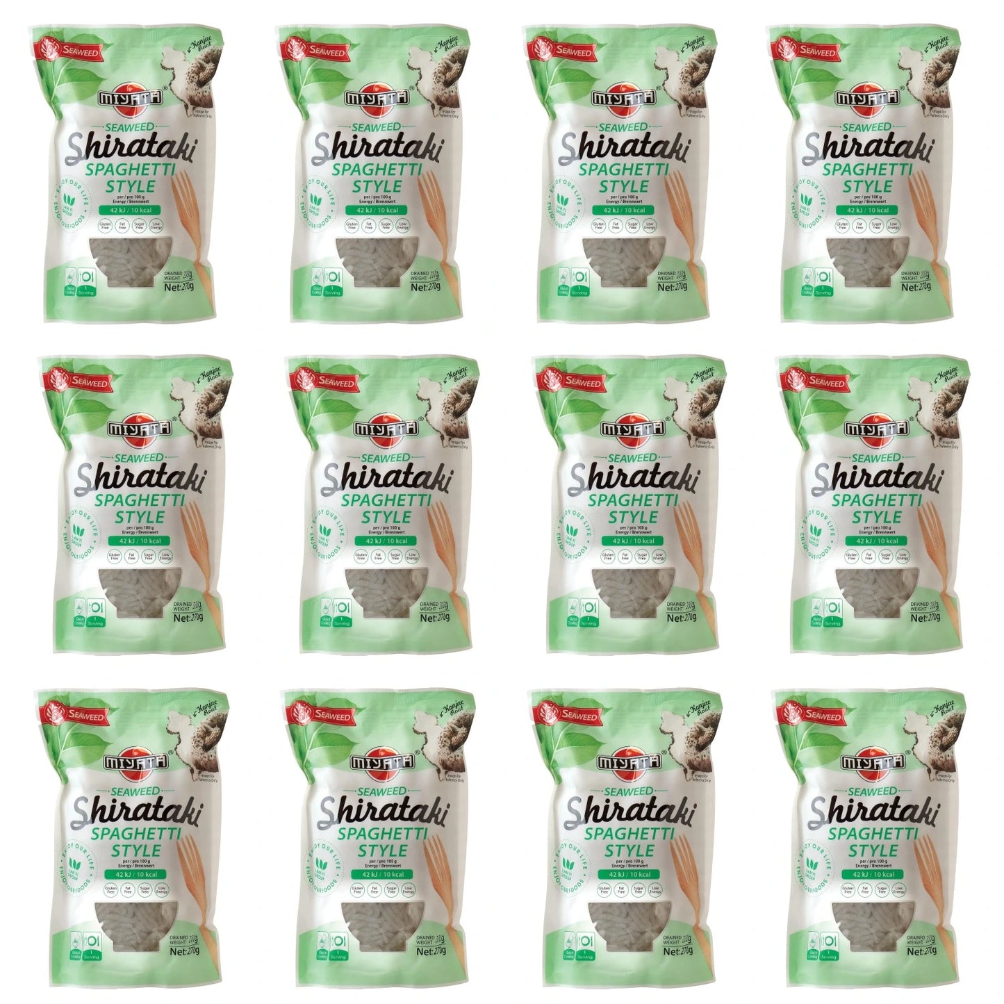 Ein 12er Vorratspack Miyata Shirataki Spaghetti mit Seealgen-Geschmack in der dunkleren Verpackung