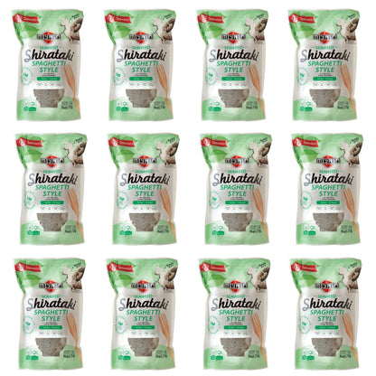 Ein 12er Vorratspack Miyata Shirataki Spaghetti mit Seealgen-Geschmack in der dunkleren Verpackung