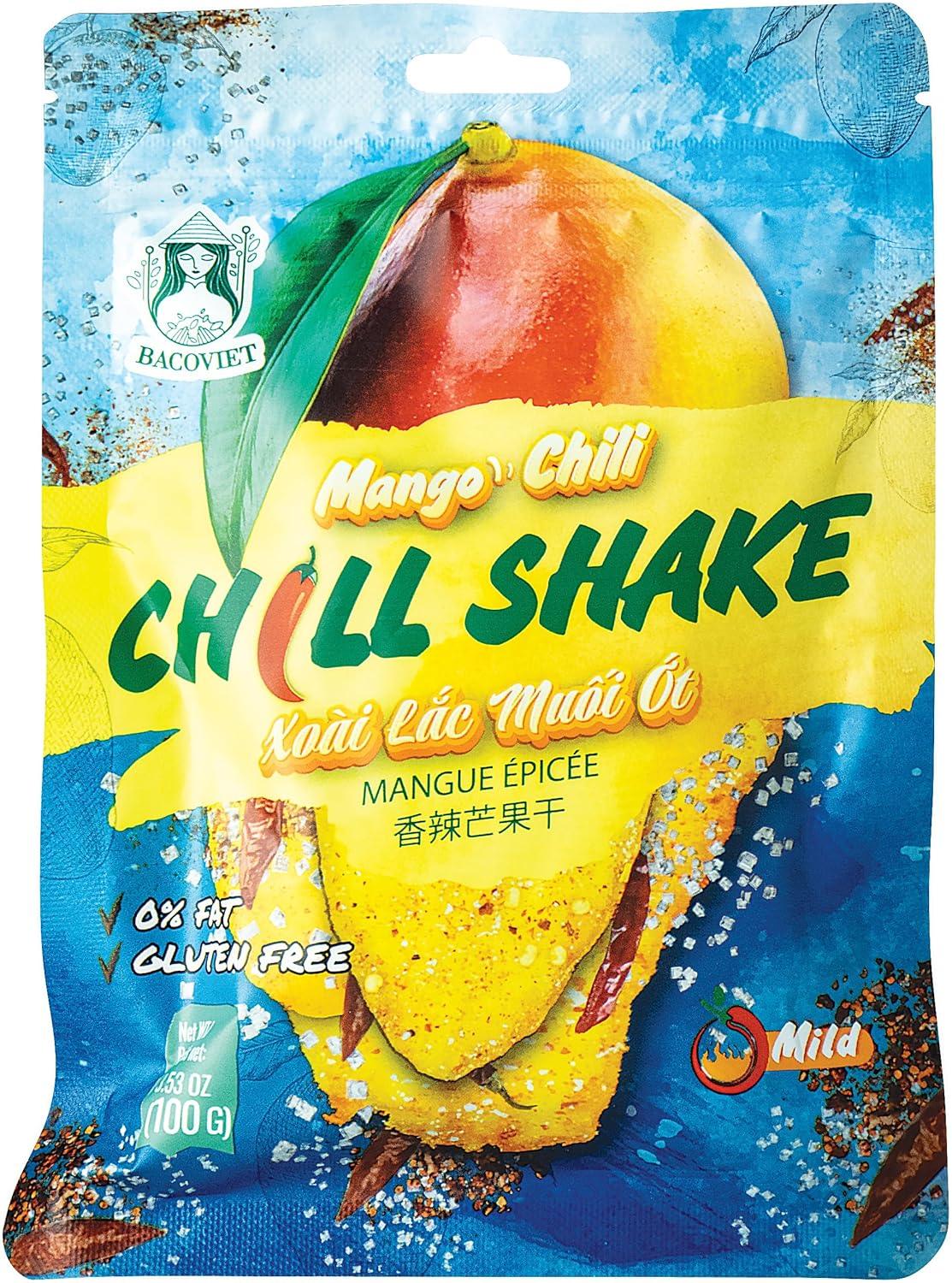 Mango-Chili-Snack in bunter Verpackung, gewürzte getrocknete Mango, glutenfrei, asiatischer Snack