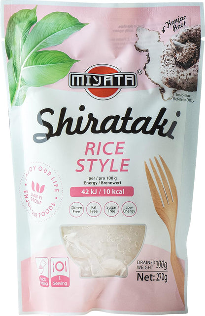 Vorderseite der Miyata Shirataki Rice Style Verpackung, Konjak Reis-Ersatz
