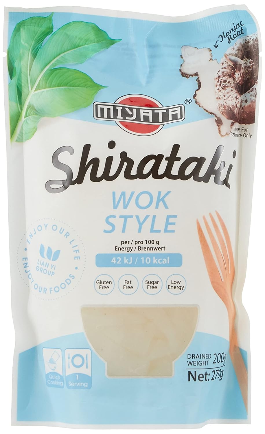 Vorderseite der Miyata Shirataki Wok-Nudeln 270g Packung.