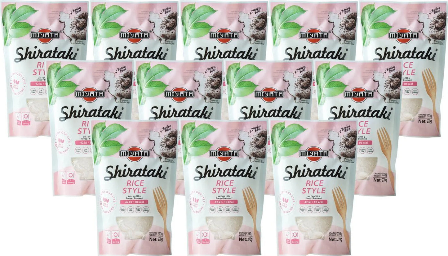 Ein 12er Vorratspack Miyata Shirataki Konjak in Reisform (Rice Style) in der hellen Verpackung