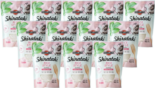 Ein 12er Vorratspack Miyata Shirataki Konjak in Reisform (Rice Style) in der hellen Verpackung