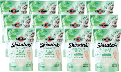 Ein 12er Vorratspack Miyata Shirataki Spaghetti Style Konjak-Nudeln in der hellen Verpackung