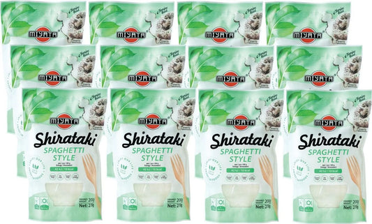 Ein 12er Vorratspack Miyata Shirataki Spaghetti Style Konjak-Nudeln in der hellen Verpackung