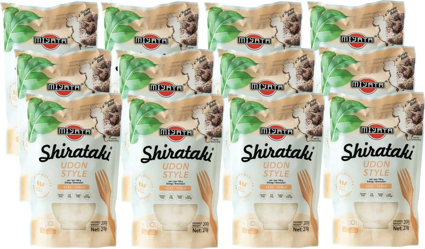 Ein 12er Vorratspack Miyata Shirataki Udon Style Konjak-Nudeln in der hellen Verpackung