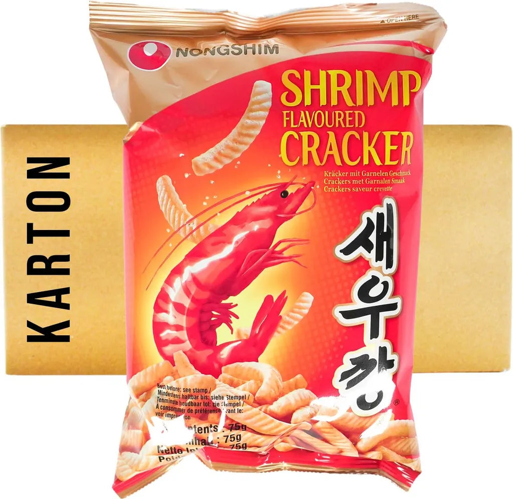 Shrimp-flavored cracker package with Nongshim branding on a white background