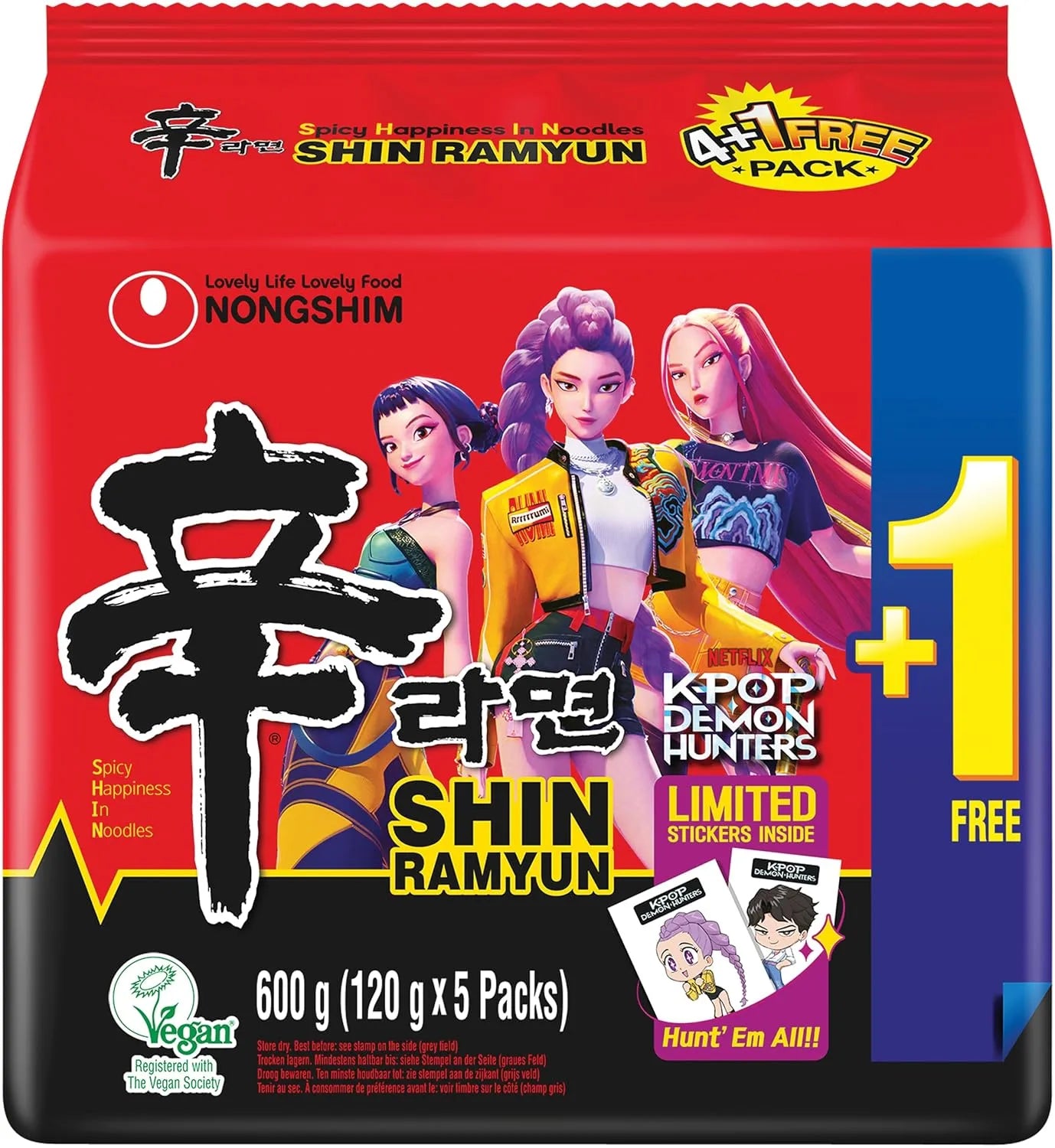Nongshim Shin Ramyun packaging with K-pop Demon Hunters characters and limited edition stickers.