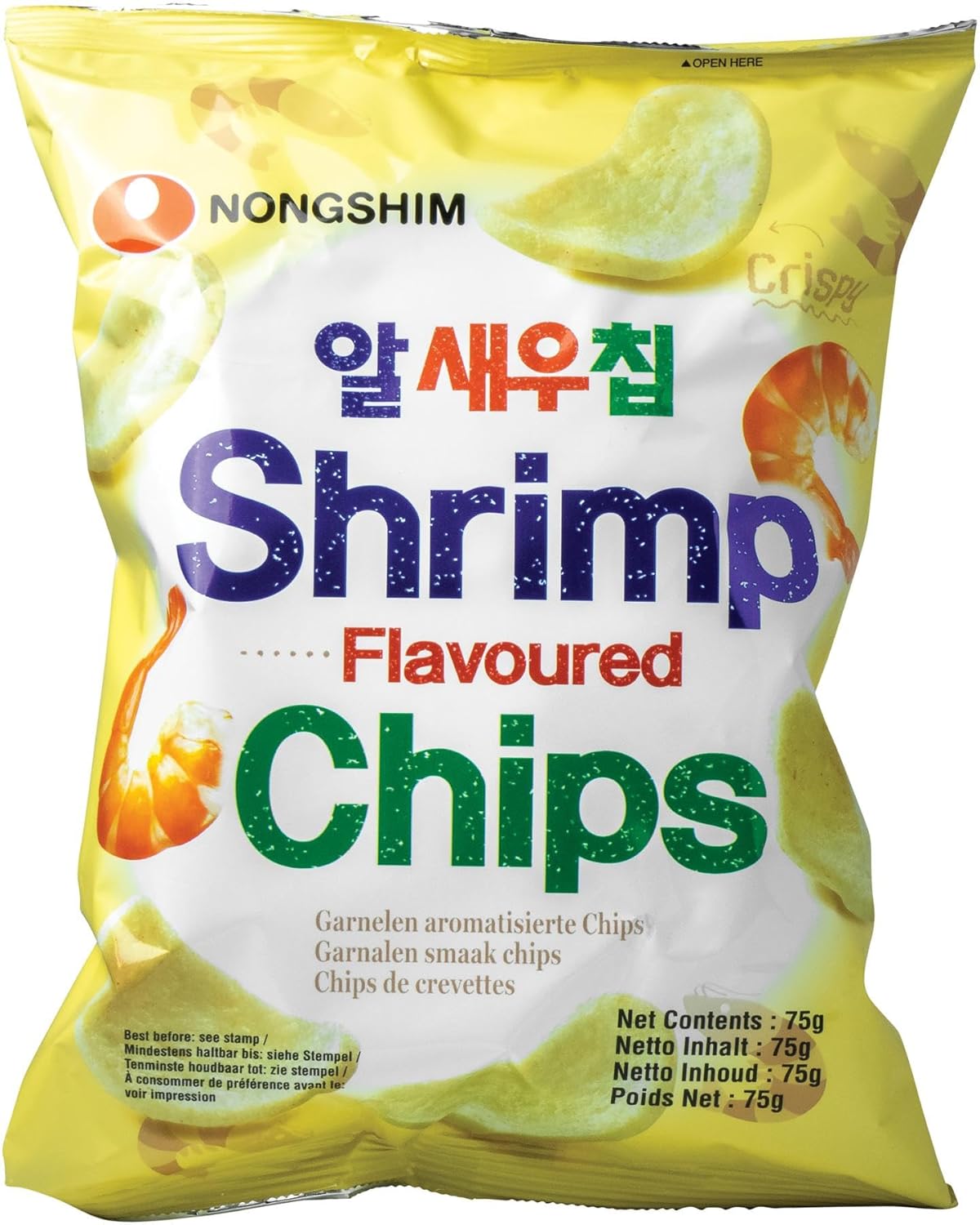 Nongshim Shrimp Flavored Chips packaging with shrimp graphics on a yellow background