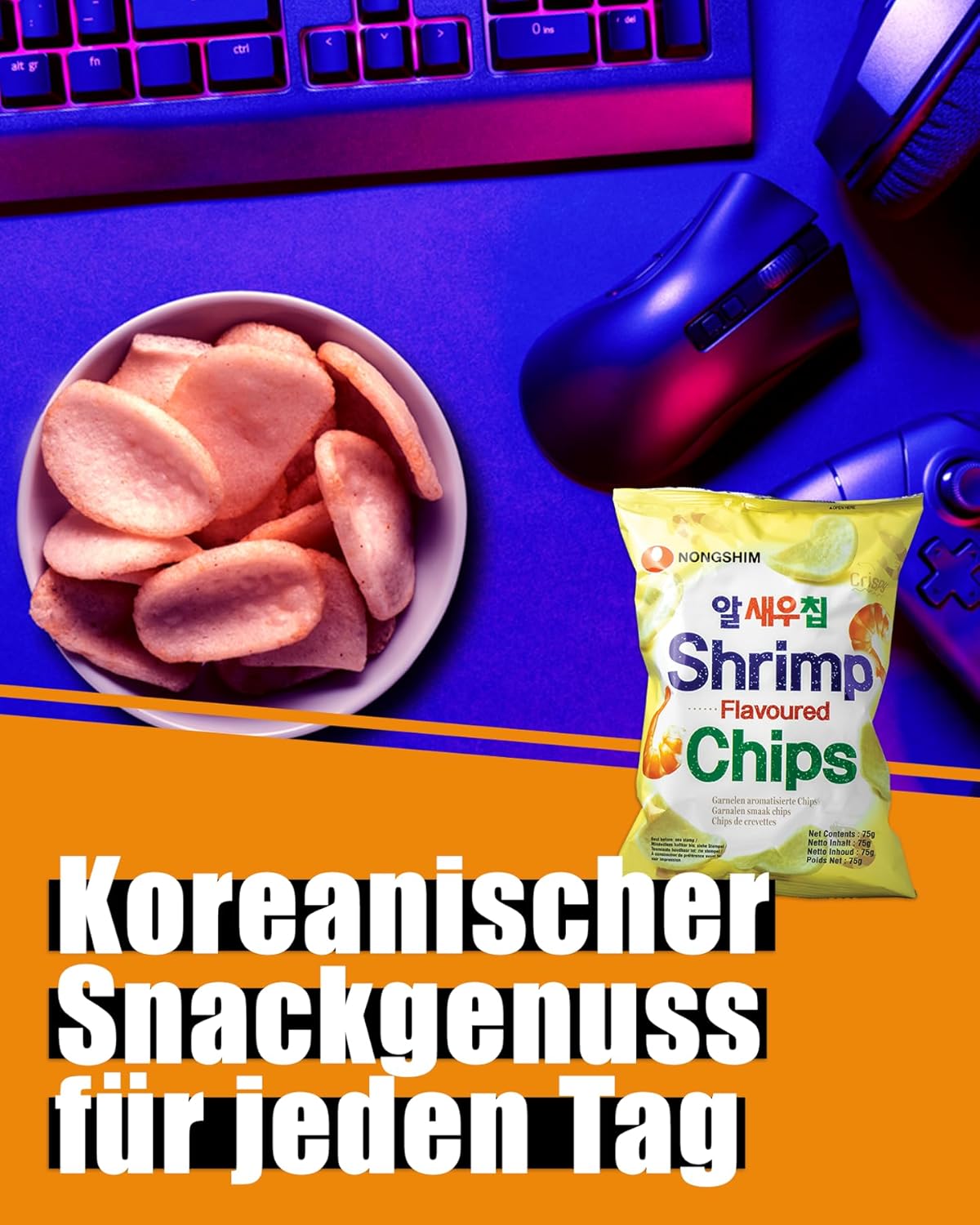 Shrimp-flavored chips with a bowl of chips and keyboard on a blue background