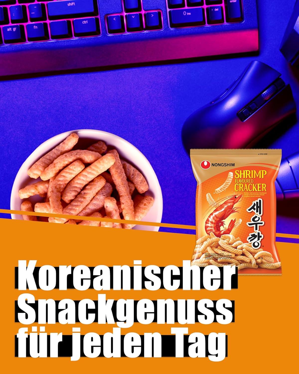 Shrimp crackers in a bowl with a package on a desk setup, featuring text about Korean snacks.