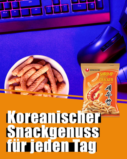 Shrimp crackers in a bowl with a package on a desk setup, featuring text about Korean snacks.
