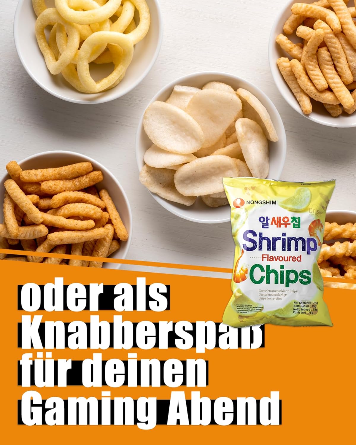 Assorted chips in bowls with a shrimp-flavored chips packet on an orange background.