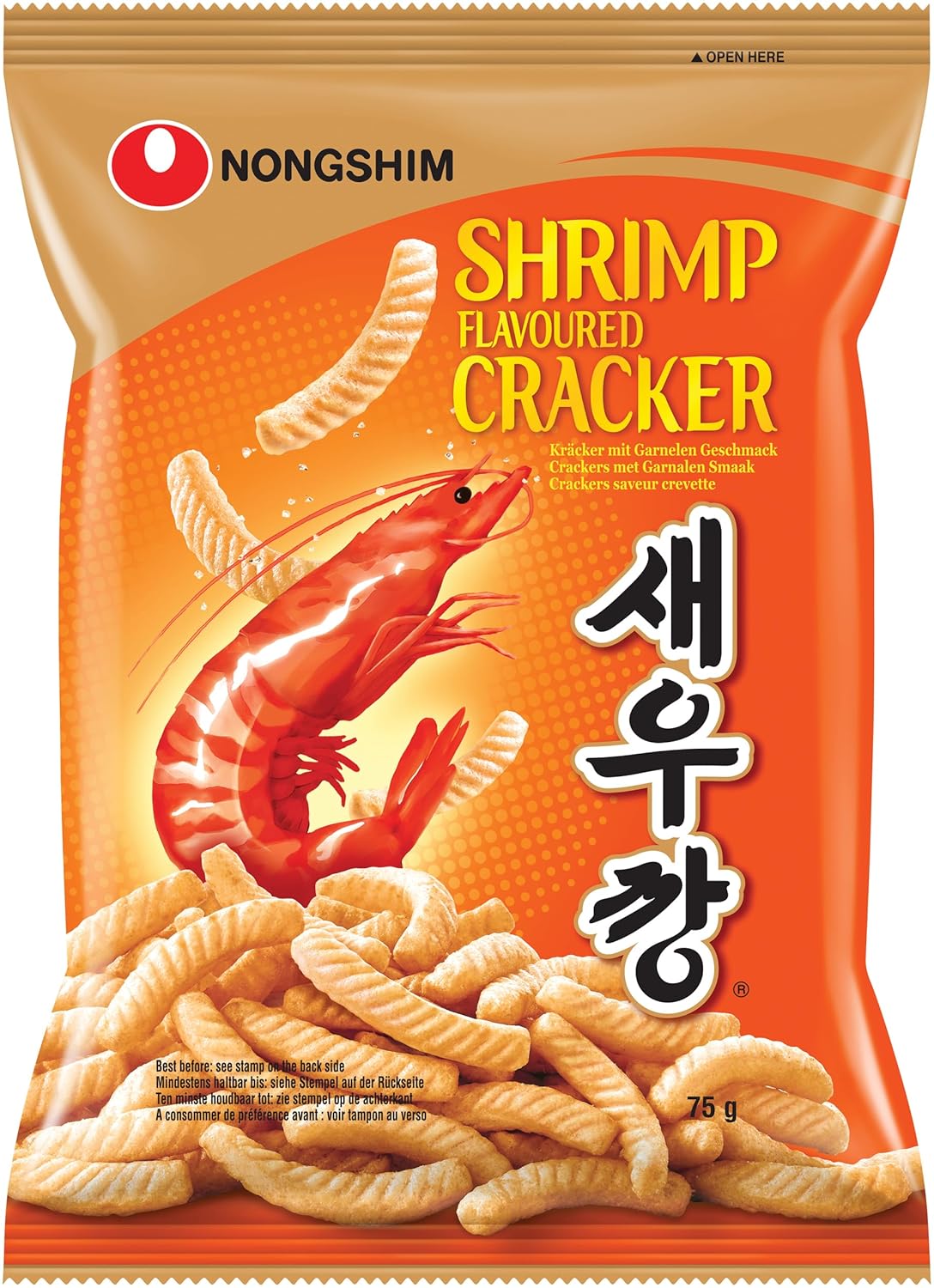 Nongshim Shrimp Flavored Cracker packaging with shrimp illustration on orange background