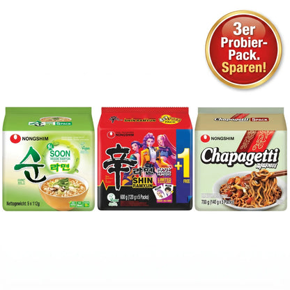 Nongshim Ramen Probier-Paket mit drei Multipacks: Soon Veggie, Chapagetti und Shin Ramyun K-Pop Demon Edition