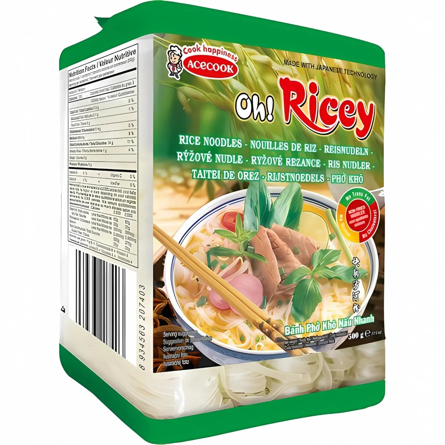 Packung Reisnudeln Oh! Ricey mit Bild einer Schüssel asiatische Pho-Suppe, grün-gelbes Design
