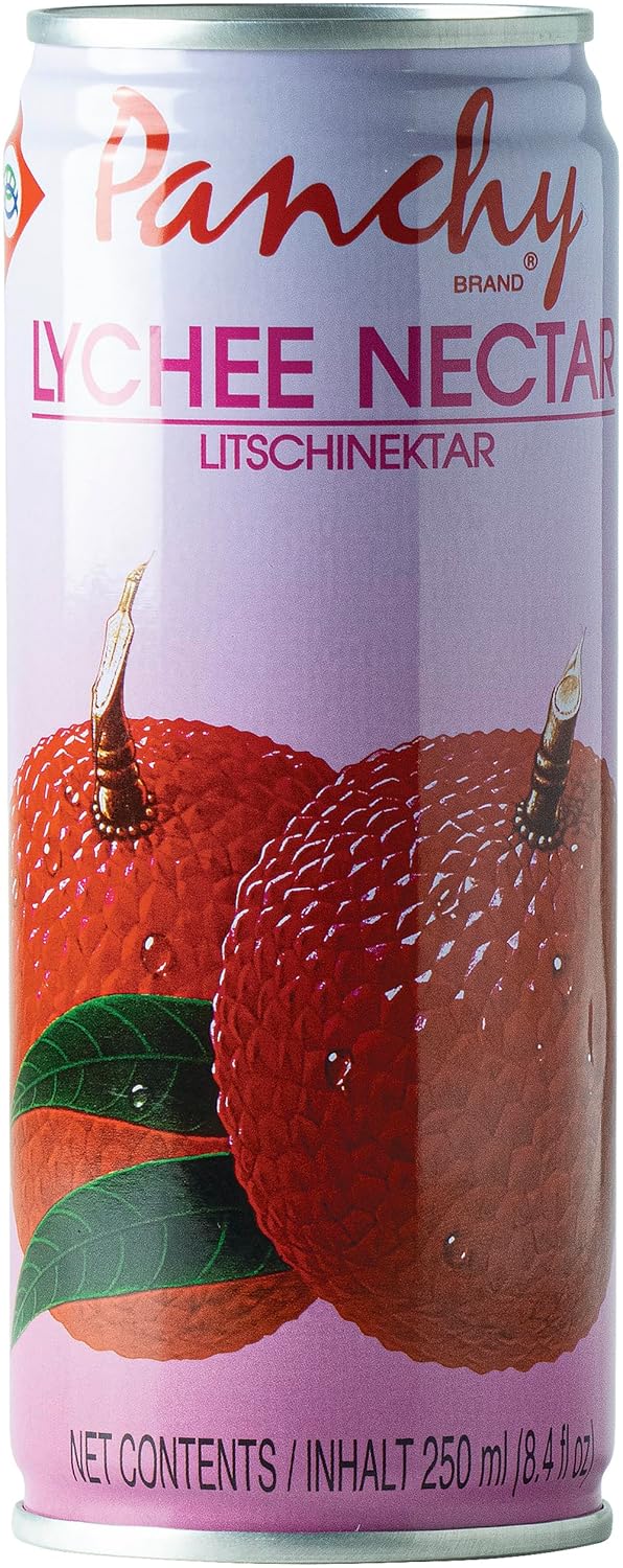 Vorderseite der pinker Panchy Lycheenektar 250ml Dose mit abgebildeten Litschis