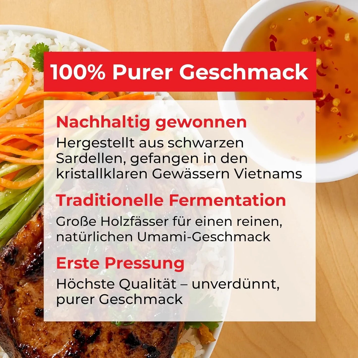 Schüssel mit vietnamesischem Reisgericht, Gemüse, Grillfleisch und Dip, Infotext zu Fischsauce.