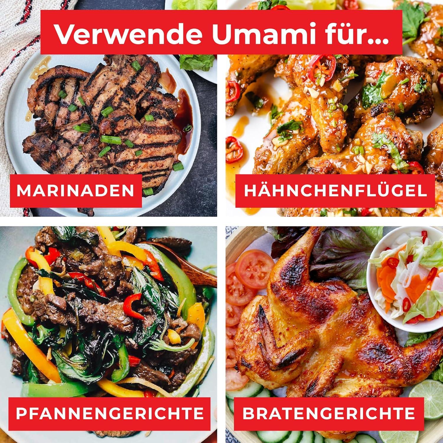 Vier Gerichte mit Umami-Text: gegrilltes Fleisch, Hähnchenflügel, Wokgericht, Brathähnchen