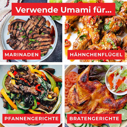 Vier Gerichte mit Umami-Text: gegrilltes Fleisch, Hähnchenflügel, Wokgericht, Brathähnchen