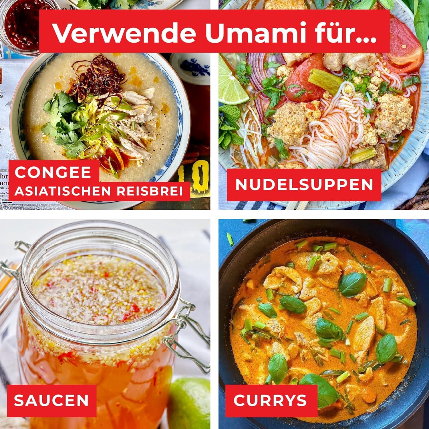 Vier Gerichte: Asiatischer Reisbrei, Nudelsuppe, Saucen und Curry – Umami Tipps.