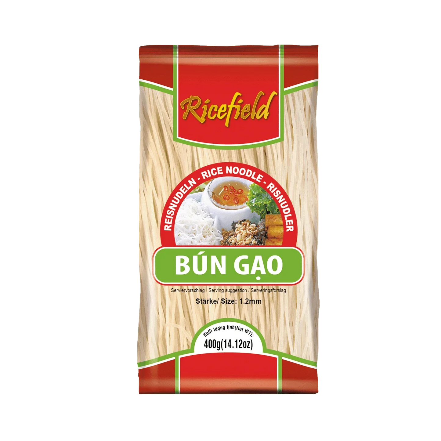 Reisnudeln Bún Gao 1,2 mm in 400g Packung, asiatische Reis-Nudeln auf grünem Hintergrund