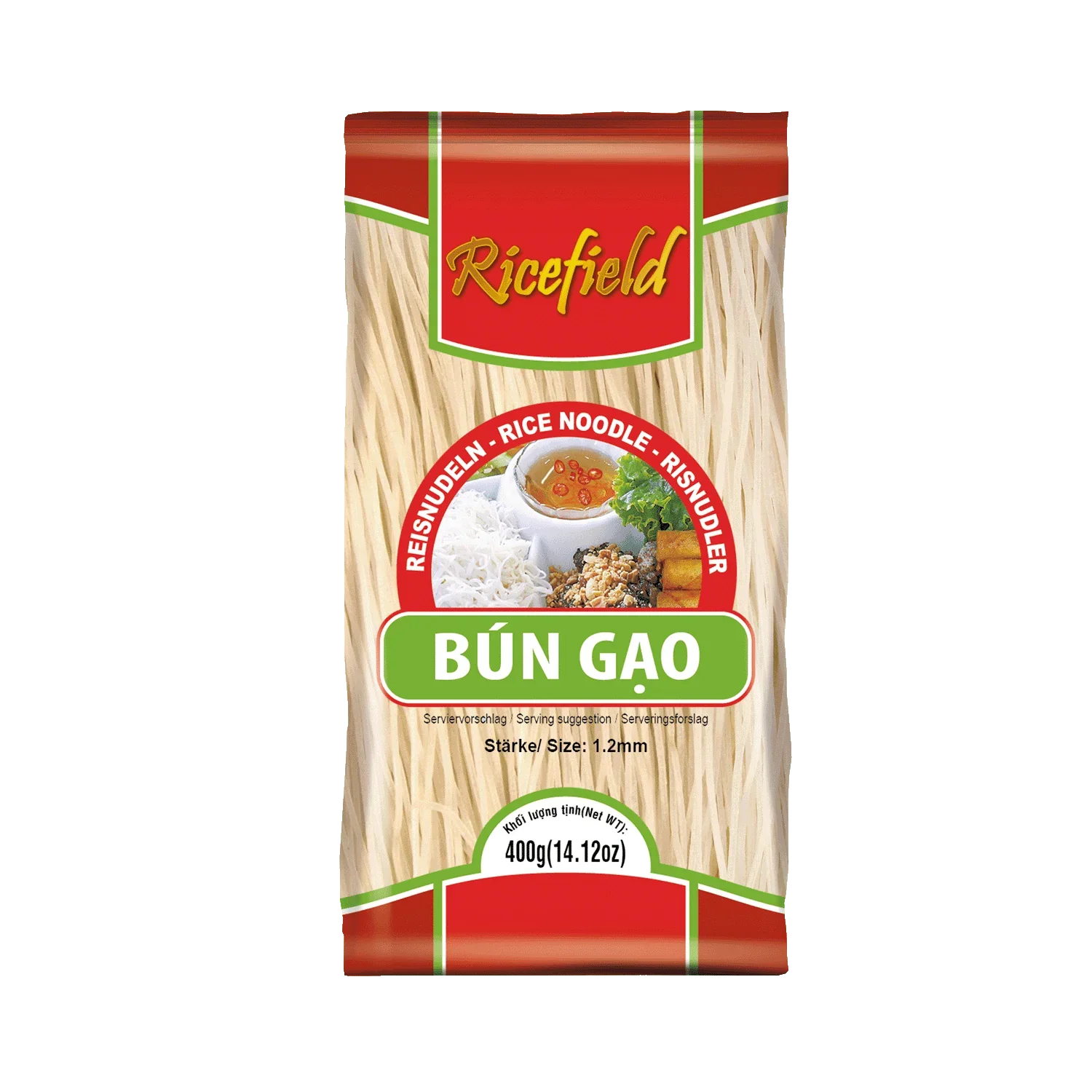 Reisnudeln Bún Gao 1,2 mm in 400g Packung, asiatische Reis-Nudeln auf grünem Hintergrund