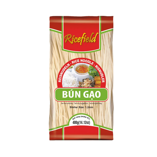 Reisnudeln Bún Gao 1,2 mm in 400g Packung, asiatische Reis-Nudeln auf grünem Hintergrund